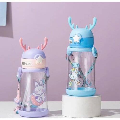 Creative Cute Antlers Water Bottle for Children Large Capacity Outdoor Portable Plastic Strap Bouncing Straw Sanitation Cup