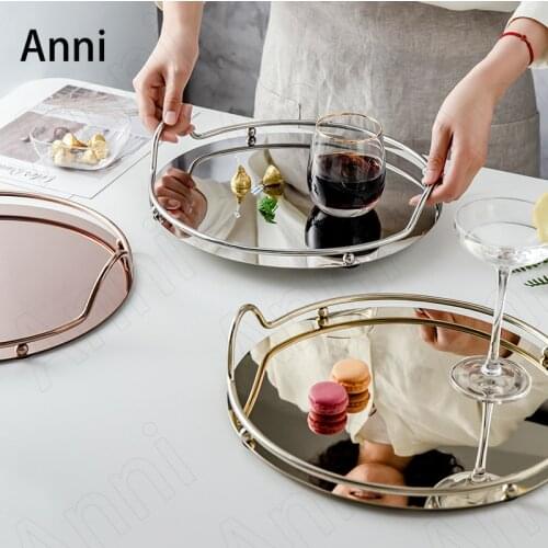 Round Stainless Steel Trays Decorative Nordic Modern Metal Polishing Mirror Craft Tea Cup Wine Set Storage Tray Home Decoration