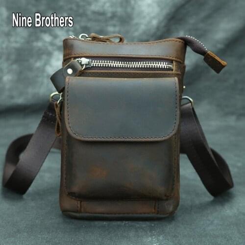 Genuine Cow Leather Man Bag For Man Crazy Horse Cross Body Shoulder Sling Bags Mini Mens Waist Bag Belt Phone Bag Nine Brothers