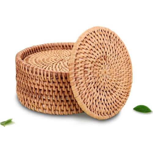 Bamboo Coaster Tea Insulation Mats Set - 6x Round Rattan Mats -M 10cm With Frame