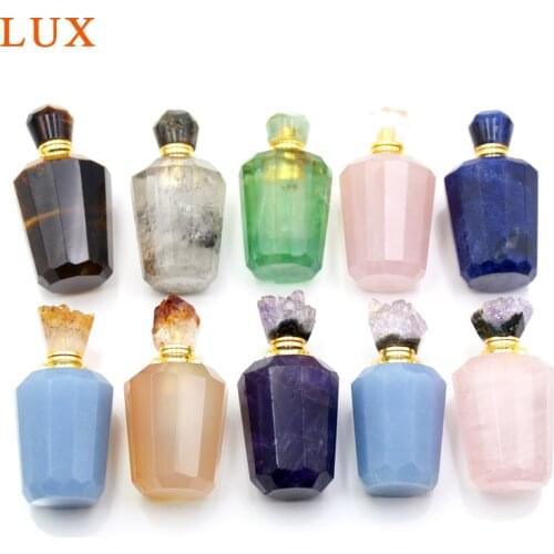 Natural rose quartzs amethysts gems essential oils perfume bottle agates druzy caps pendant with stick lapiz tiger eyes necklace