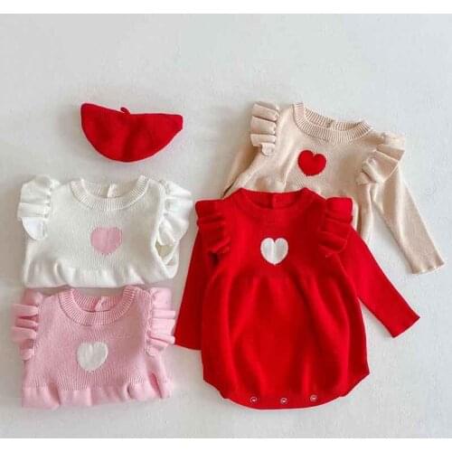 Autumn Winter Baby Girl Sweater Love Flying Sleeve Fine Knit Bodysuit Infant Long Sleeve Jumpsuit