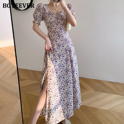 BGTEEVER New Summer Vintage Puff Sleeve Women Floral Mid-length Dress Elegant Slim Waist Side Split Female Chiffon Vestidos 2021
