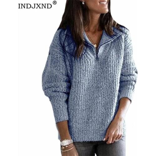 INDJXND Autumn Winter Thick Sweater Women Knitted Pullover Long Sleeve The Half-Zip Turtleneck Loose Jumper Soft Warm Pull Femme