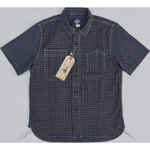 BOB DONG Plaid Short Sleeve Work Shirts Retro Button Down Cotton Flax Workwear