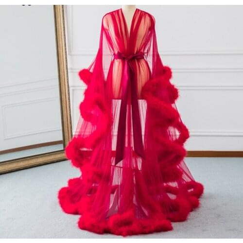Bridal Boudoir Robe Feather Trim Bridal Sheer Tulle Evening Dresses Long Birthday Feather Robe Costume Homecoming Party Gowns