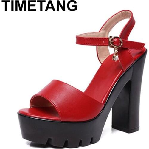 TIMETANGBlock Platform Heels Leather Sandals Women High Heel Sandals Summer Shoes 2019 Split Ladies Elegant Office Sandal White