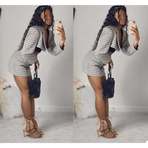 Vintage Young Girl Suits Fashion Designed Plaid Short Blazer Mini Tight Skirt Club Party Casual Daily Wear 2 Pieces Set