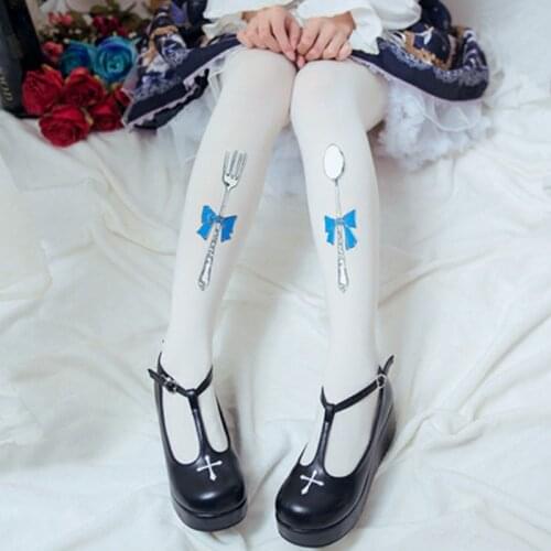 Japanese Sweet Lolita Velvet Tights Folks and Spoon Printed Pantyhose