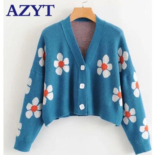 AZYT Korea Style Flower Knit Cardigans Female Crop Tops Women V Neck Loose elegaht Thicked Pull Femme Print Short Casual Coat