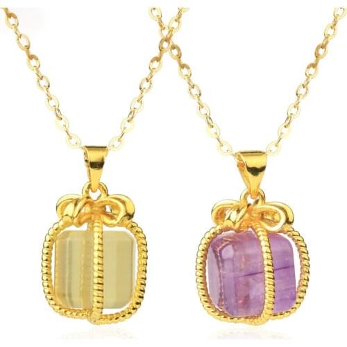 CSJA Gold Color Natural Gem Stone Necklace for Women Copper Wire Wrap Square Pendant Dainty Delicate Necklaces Jewelry Gift S779