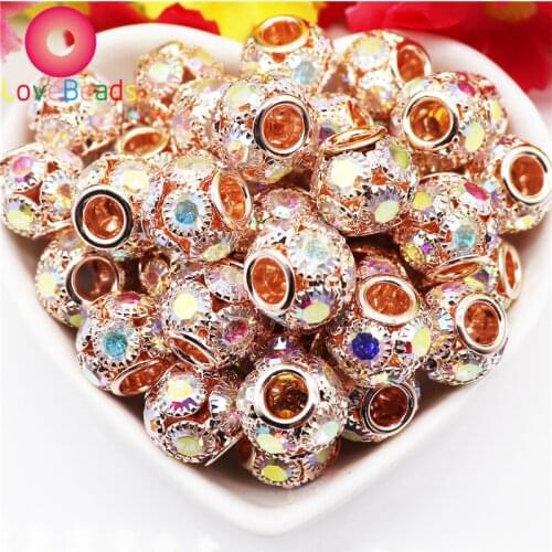 10Pcs Light Gold Brass Crystal Micro Pave Setting Round Ball Charms Large Hole Murano Spacer Beads Fit Pandora Bracelet Jewelry