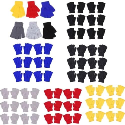 6 Pairs Adult Winter Knit Half Finger Gloves Solid Color Warm Fingerless Mittens