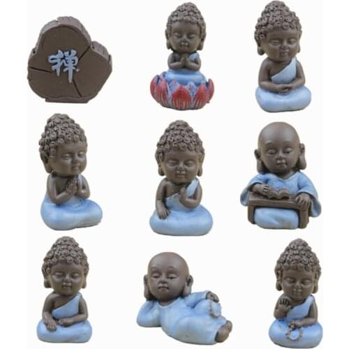 9Pcs/Lot Resin Buddhist Little Monk Statue Mini Figurine Car Ornaments Bonsai Decor Miniatures Dollhouse Cake Decorating Crafts