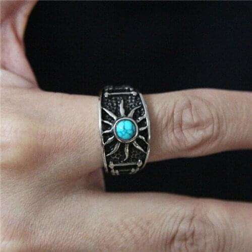 Motor Biker Chain Blue Stone Ring 316L Stainless Steel Mens Women Ring Fashion Cool Sun Eye Biker Ring
