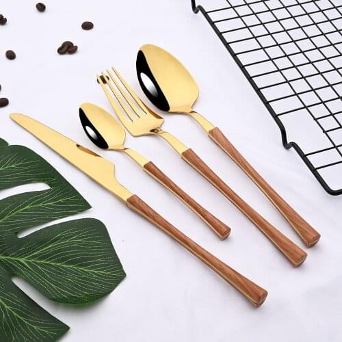 24Pcs Stainless Steel Imitation Wooden Handle Cutlery Set Dinnerware Clamp Western Tableware Knife Fork Tea Spoon Silverware