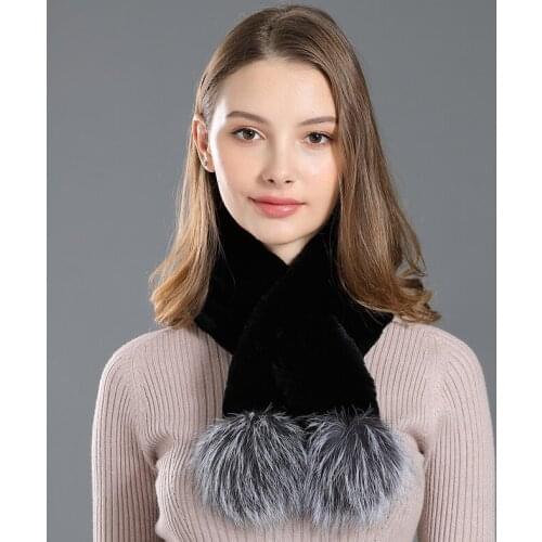 Genuine Fur Scarf Real Rex Rabbit Fur 2 Pompom Knitting Black Silver Fox Fur Natural 85cm length Scarves for Women Female Scarf