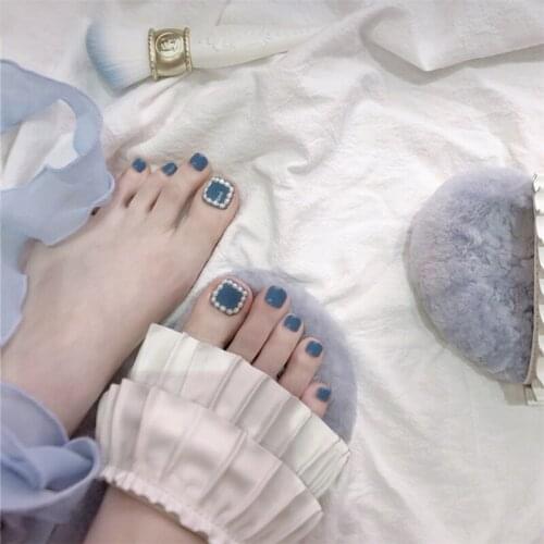New haze blue pure color with full pearl decoration 3d toe nails Cute summer false nails for toe lady full nail tips bride