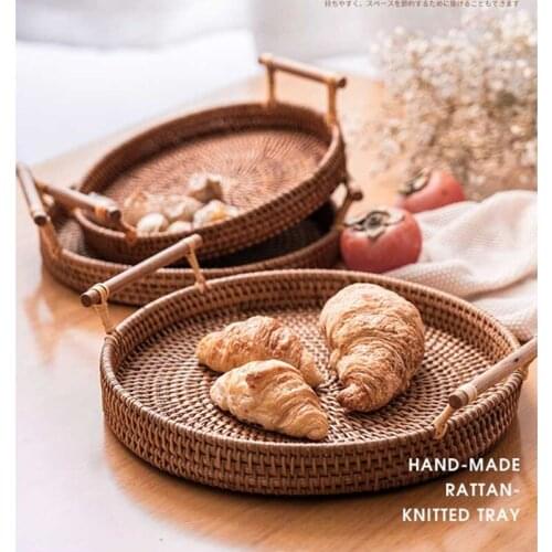 Tray Handwoven Rattan Storage Tray Wooden Handle Round Wicker Basket Bread Food Plate Fruit Cake Platter Dinner Bamboo Weaving