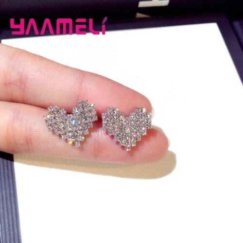 Shining 925 Sterling Silver Jewelry Earrings Full Rhinestone Cubic Zircon Paved Heart Stylish Women Ladies Wedding Pendientes