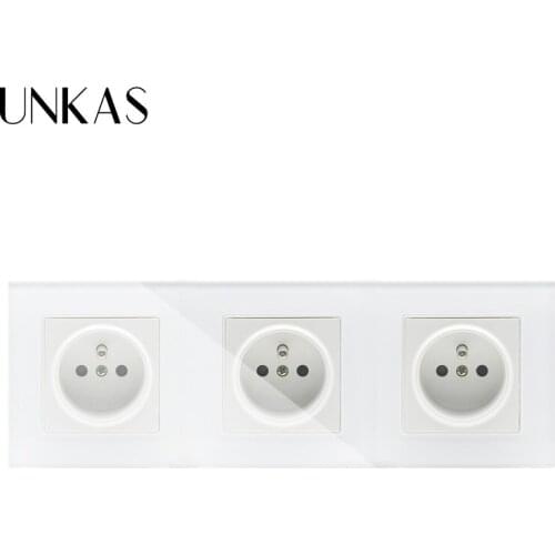UNKAS 16A French Standard, Wall Electric / Power 3 Gang 1 Way Socket / Plug, Crystal Glass Panel