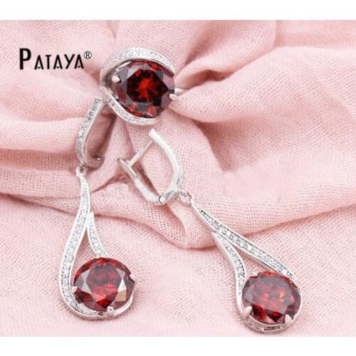 PATAYA Vintage True White Gold Jewelry Red Natural Zircon Long Earring Ring Set Accessories Summer Style Surkish Wedding Jewelry