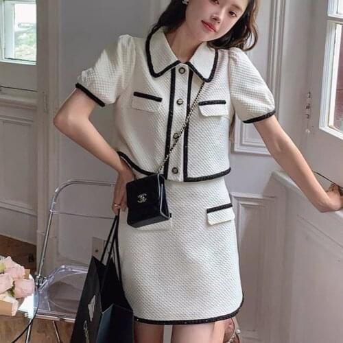 Women Outfits Mini A-line High Waist Skirt Korean Elegant Turn-down Collar Button Short Puff Sleeve Tops Sweet Two Piece Set