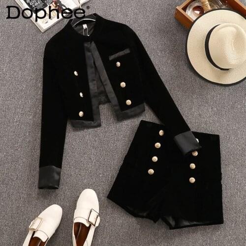 Womens Outfits 2021 New Spring and Autumn Elegant Ladies Retro Buttons Short Jacket Tops Gold Velvet Shorts Two-Piece Sets
