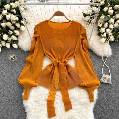 WIGADFHK Autumn Womens New Fashion Loose Casual Top 2021 Korean Version Of Solid Color Womens Round Neck Puff Sleeve Shirt
