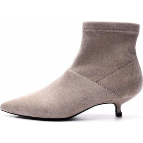 2019 Womens Ankle Boots Autumn Thin Heel Flock Stretched Fabric Short Booties Ladies Dress Party Shoes Botas Mujer R4-47