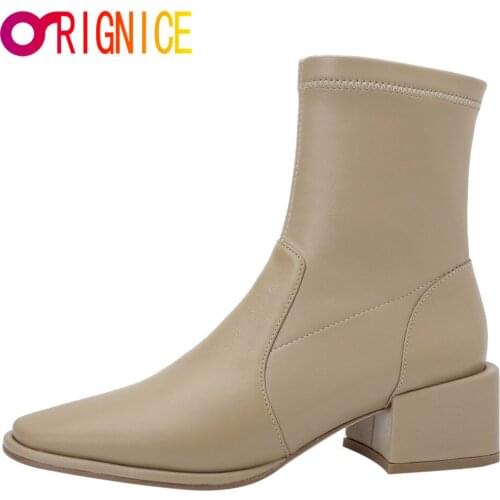 Orignice New Brand Chunky Heels Ankle Boots Ladies Top Quality Leather Women Round Toe Dress Prom Casual Shoes Big Size 34-43