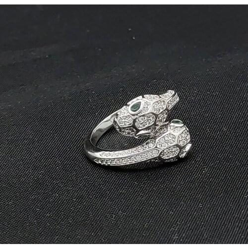 Rhinestone Double snake head ring for women open size adjustable animal bling ring luxury brand gothic