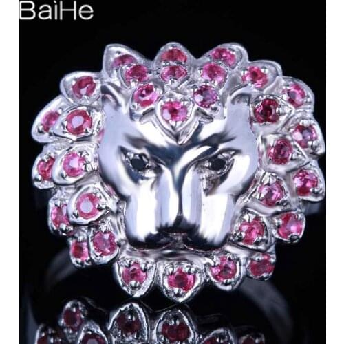 BAIHE Solid 14K White Gold 0.8CT Round Flawless Rubies Black Diamonds Wedding Gift Women Trendy Fine Jewelry Lion Ruby Ring