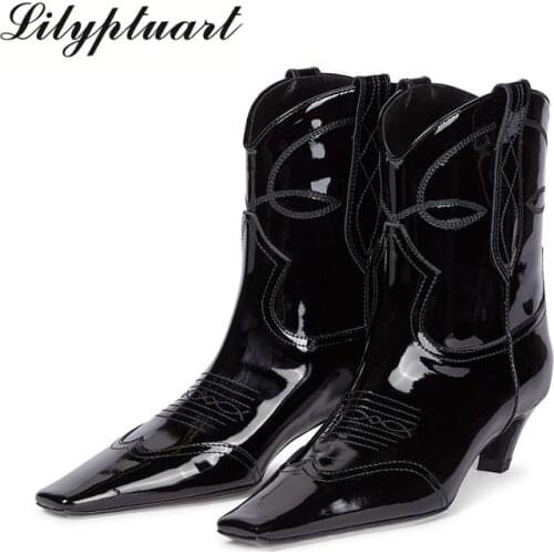 Brand Designer Autumn and Winter Boots Genuine Leather Shoes Women Ankle Boots Black Patent Leather Mid-heel Boots Women