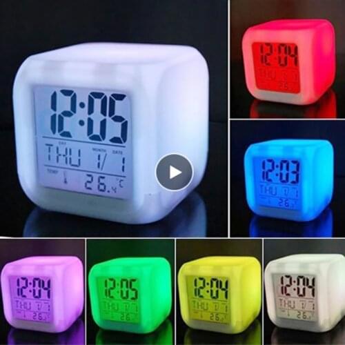 Home Bedroom Alarm Clock 7 Color Large LED Change Digital Glowing Multifunction Portable Alarm Clock Thermometer Home Decoration