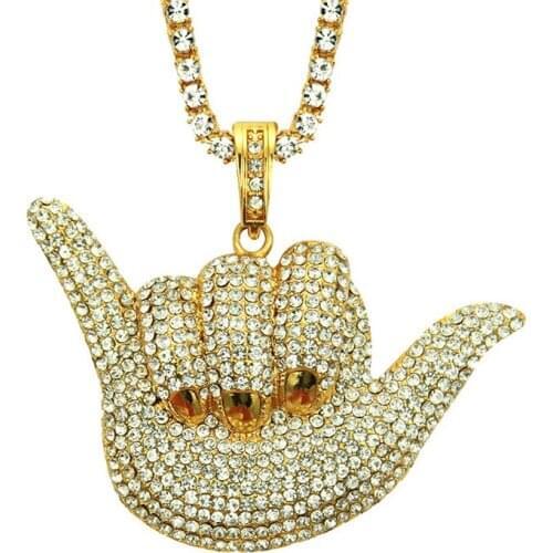 Iced Out Full Rhinestone Rock Gesture Cool Sign Hand Pendant With Hip Hop Tennis Chain Rocker Jewelry