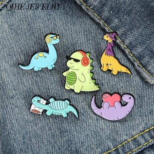 Dinosaur Enamel Pin Metal Green Purple Blue Little Dino Baby Brooch Sunglasses Headset Animal Badges for Men Women Kids