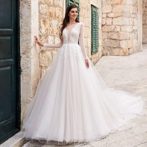 Illusion Deep V-neck Long Sleeves Wedding Dresses Appliques Lace Backless Bridal Gowns Pleated Tulle Floor Length Robe de Mariee