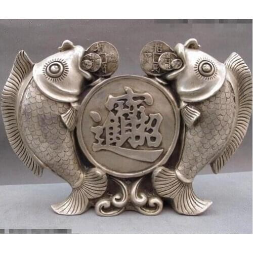 Art China White Copper Silver Lucky Feng Shui Coin Money wealth Two carp Fish Statue decoration bronze factory outlets