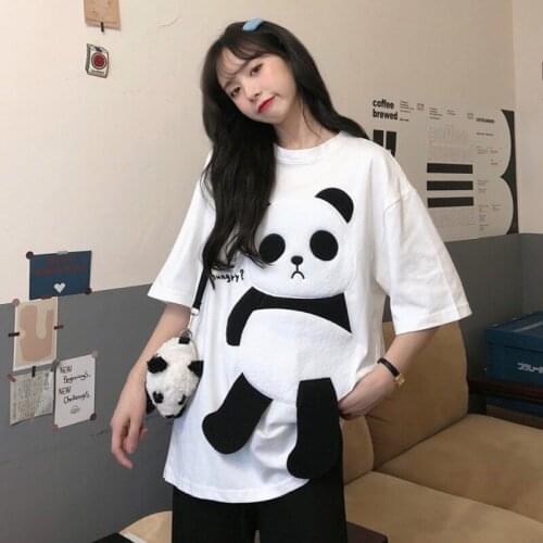 Summer Fleece Cartoon Panda Pattern Stitching T Shirts Women Kawaii Loose Top Girls Street Fashion Hip Hop Tees Plus Size 2XL