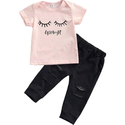 Summer Baby Girls Casual 2Pcs Clothes Set Letter Print Short Sleeve O-neck T-shirt +Solid Color Ripped Long Jeans 6Months-3Years