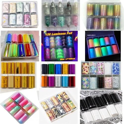 MAFANAILS 100m Nail Foils Transfer Stickers Decorations 4*100cm*10Roll Box Decal Paper Adhesive Wraps Sticker For Nails &R(1-97)