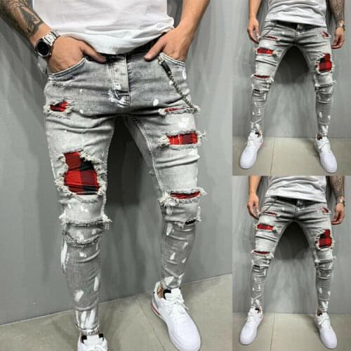 Mens Patchwork Skinny Fit Ripped Jeans Stretch Biker Distressed Denim Pants New Fashion