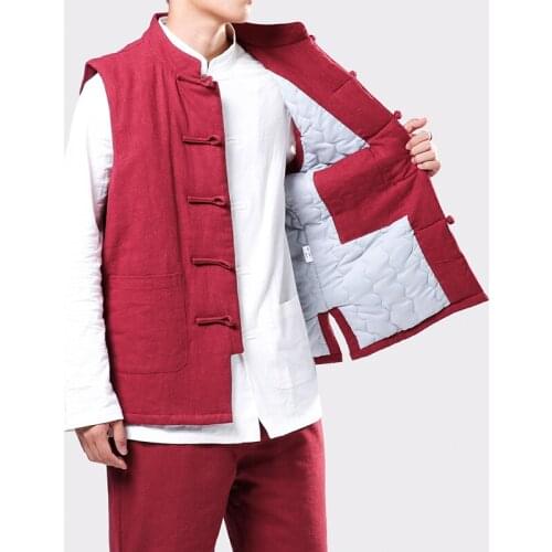 2021 Men Chinese Style Vintage Linen Vests Autumn Winter Men Cotton Padded Vests Male Harajuku Red Waistcoat M-3XL