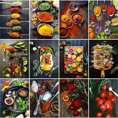 AZQSD Full Square Diamond Painting Seasoning Cross Stitch Kits Rhinestone Diamond Embroidery Kitchen Landscape Mosaic Home Decor