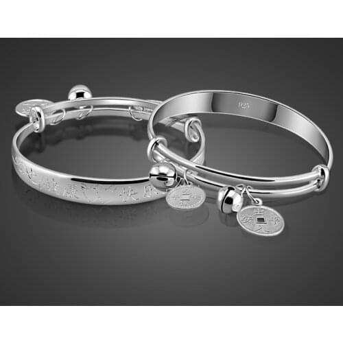 New Childrens Pure 925 Silver Bangles Chinese Style Money Pendants Design Solid Silver Bracelets Baby Fashion Jewelery