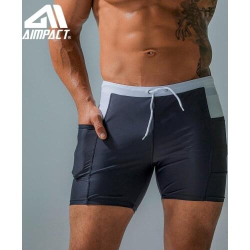 Aimpact New Mens Swim Short Trunks Fashion Man Sexy Square Cut Swimwears With Pockets Surf Beach Bathsuit AM8235