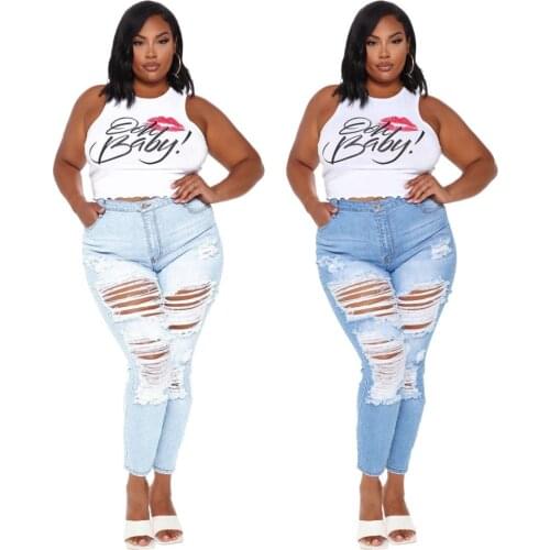 Charming Women Ripped Denim Pencil Pants Plus Size Ladys High Waist Hollow Out Skinny Streetwear Jeans 2020 Autumn New Arrivals