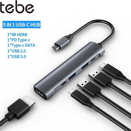 Tebe 5 IN 1 USB-C Hub Type-c to 4K HDMI-compatible USB 3.0/2.0 60W PD Type c Hub Splitter For Macbook Pro Nintendo Switch
