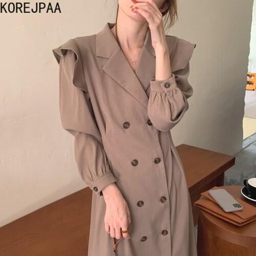 Korejpaa French Retro Dress Women Korea Ins Fashion Female Puff Sleeve Notched Collar Double Breasted Slim Waist Long Vestido